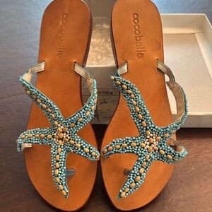 Women's Beaded Sandals - Blue and Tan